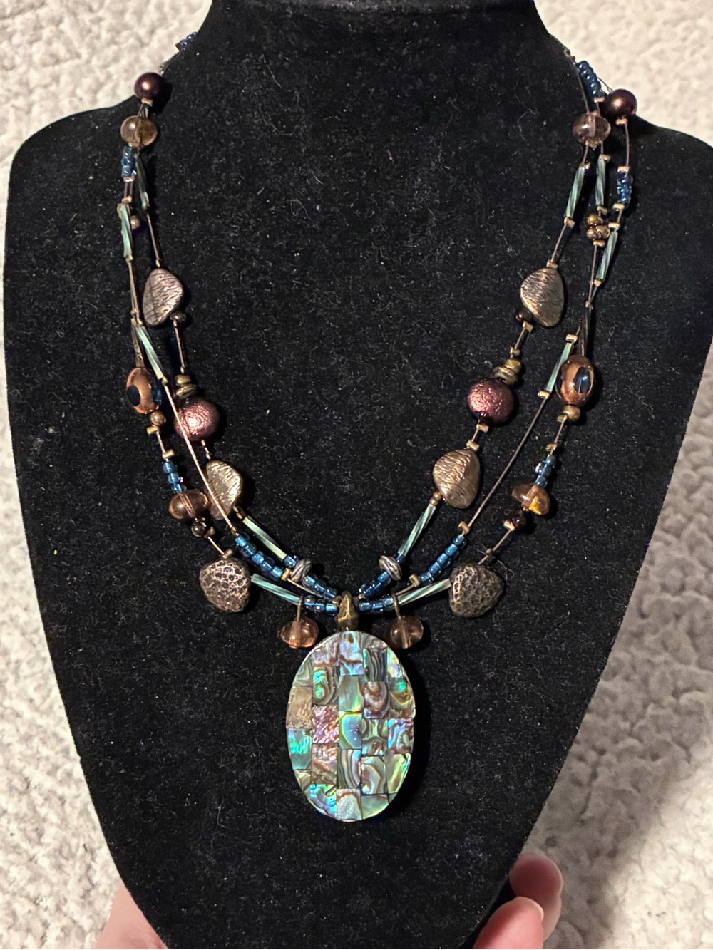 Chico's Iridescent Wire Abalone Type Pendant Necklace in Blue, Green & Brown
